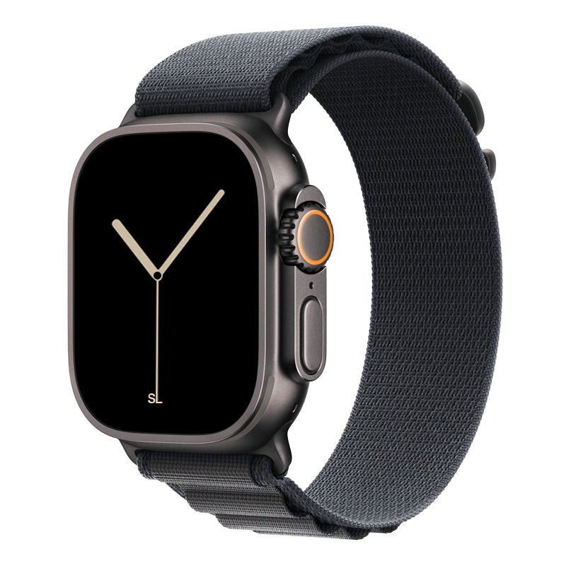 A dark grey colour premium nylon watch strap band with black metal buckle hardware designed for adventurers and explorers that wear the Apple watch series 11 and Ultra 3