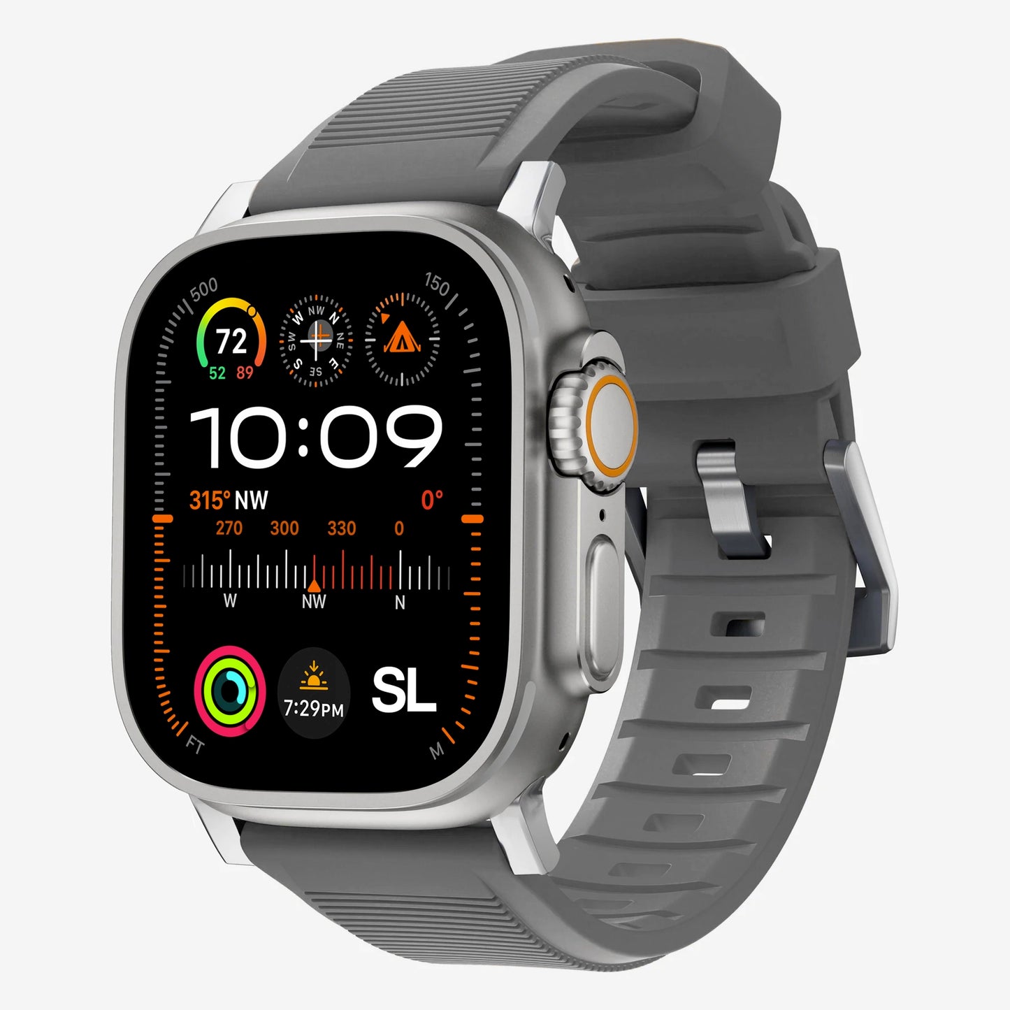 New dark grey silicone with metal connectors, pin and buckle watch strap with compression grooves designed for apple watch series 10 45mm and ultra 2 side angle