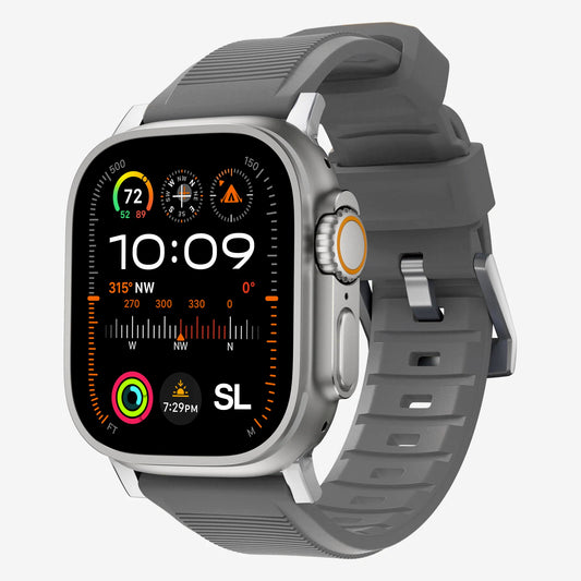 New dark grey silicone with metal connectors, pin and buckle watch strap with compression grooves designed for apple watch series 10 45mm and ultra 2 side angle