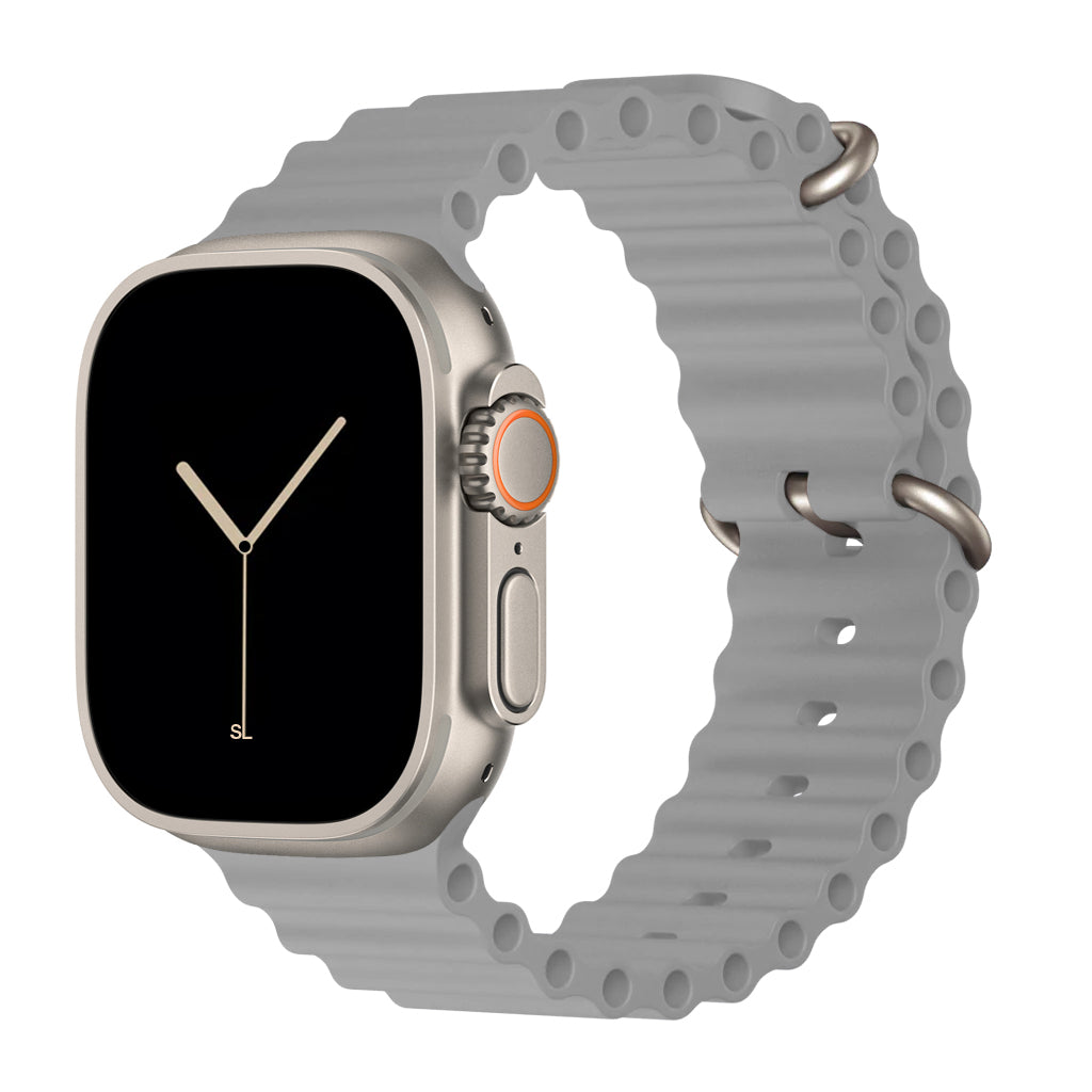 A dark grey colour watch strap band made from silicone  with two metal buckles on an Apple watch series 10 42mm/ 45mm/ 46mm and ultra 2 designed for the ocean and active sports