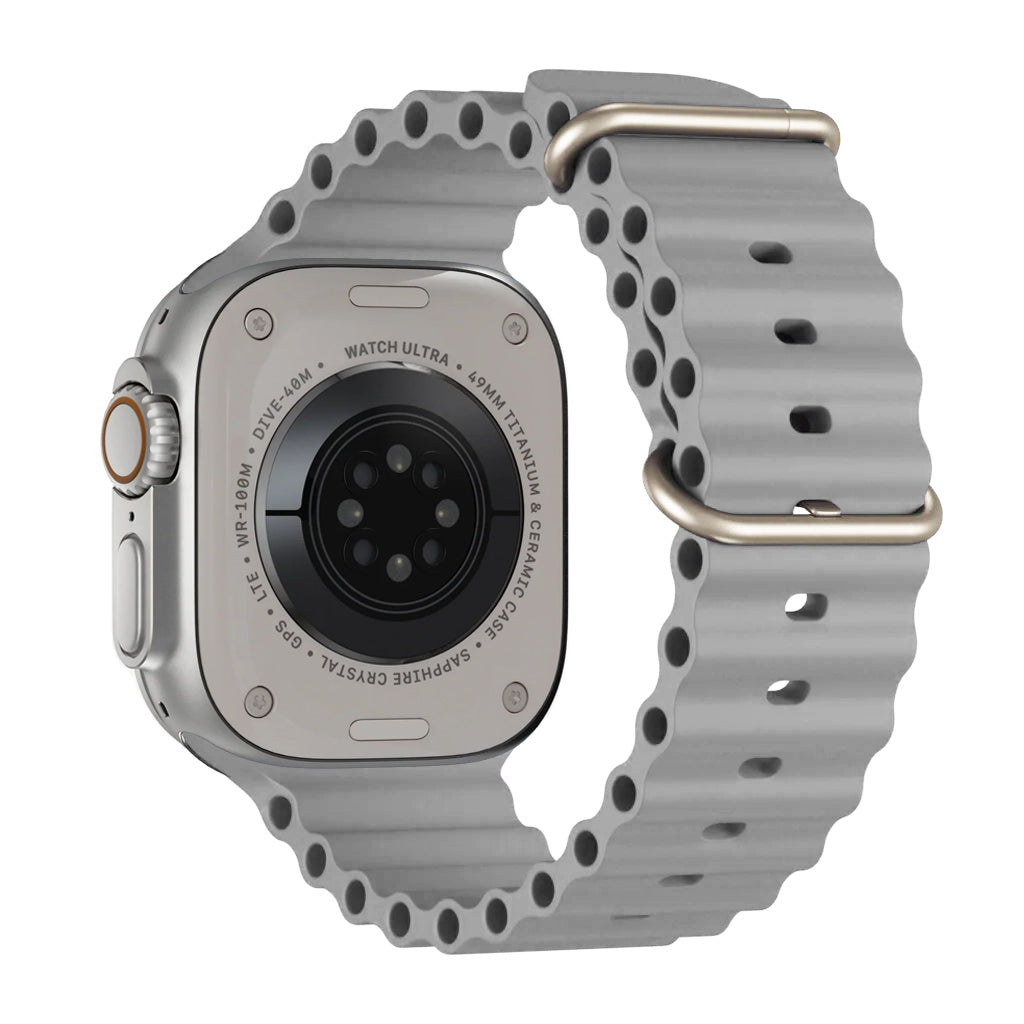 A dark grey colour watch strap band made from silicone  with two metal buckles on an Apple watch series 10 42mm/ 45mm/ 46mm and ultra 2 designed for the ocean and active sports