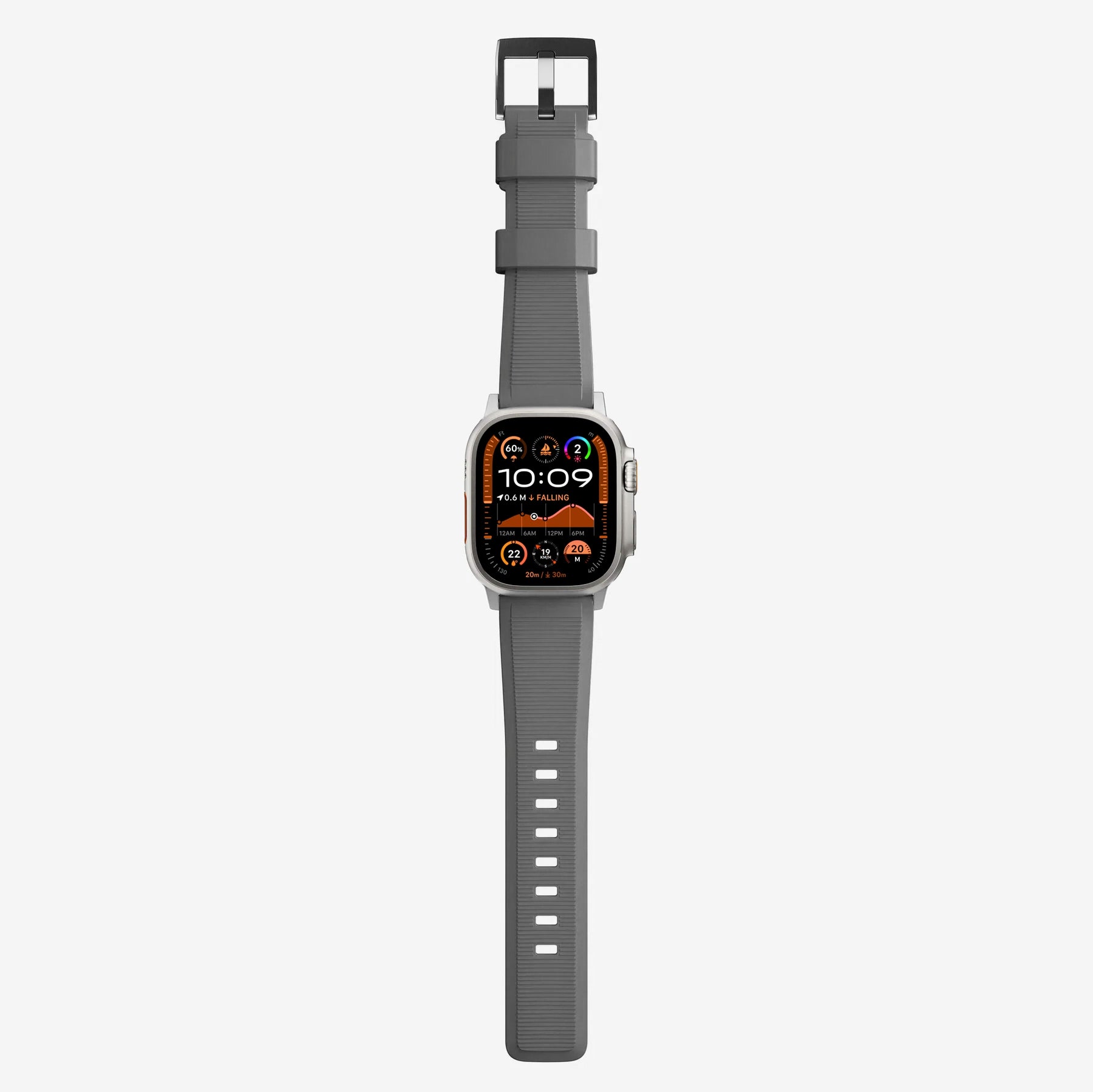 New dark grey silicone with metal connectors, pin and buckle watch strap with compression grooves designed for apple watch series 10 45mm and ultra 2 side angle