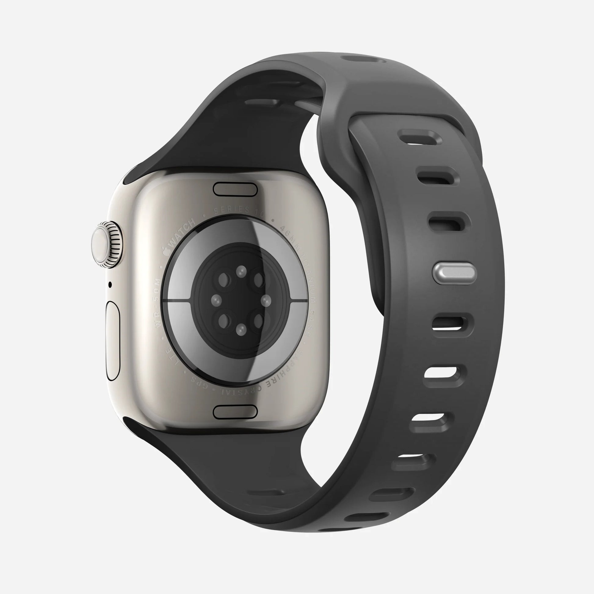 A dark grey colour premium silicone watch strap developed for apple watch series 11 size 42mm 46mm and apple watch ultra 3, designed for active sports activities with interior groves for breathability