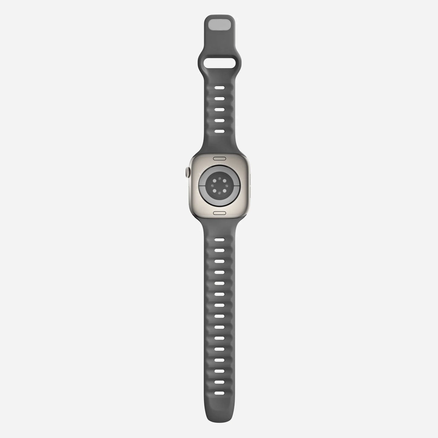 A dark grey colour premium silicone watch strap developed for apple watch series 11 size 42mm 46mm and apple watch ultra 3, designed for active sports activities with interior groves for breathability