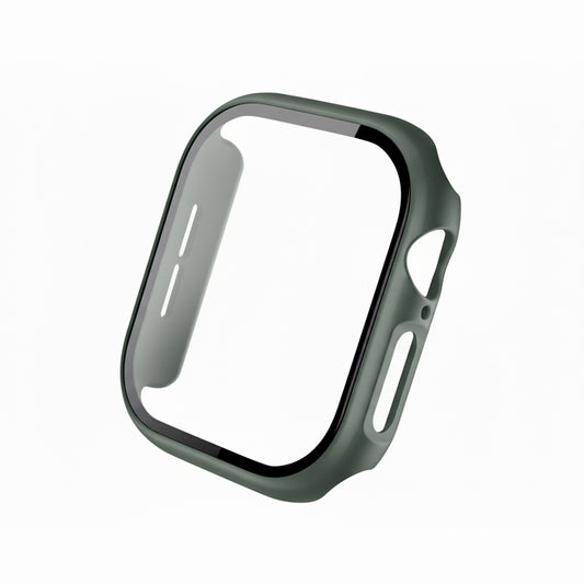 dark green Colour made from polycarbonate material protector with a strong built in tempered glass screen to protect your apple watch series 11 42mm and 46mm from damage displayed on a tilted angle