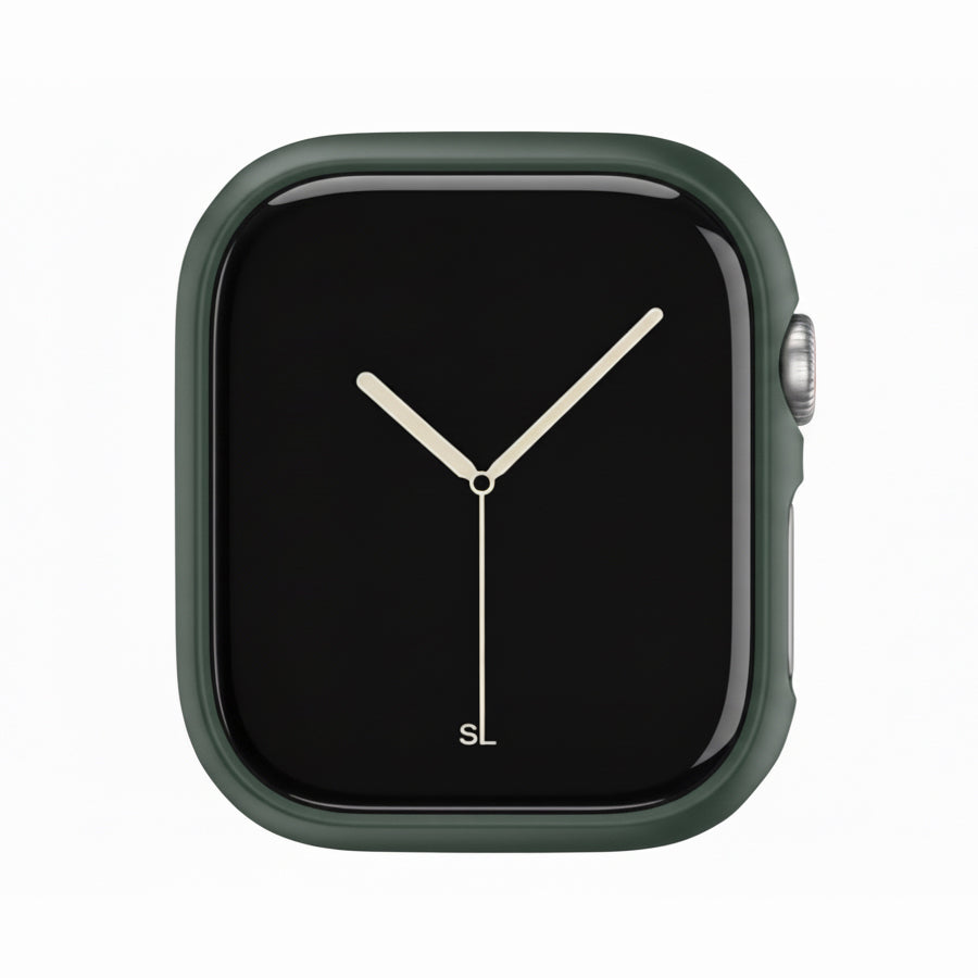dark green Colour made from polycarbonate material protector with a strong built in tempered glass screen to protect your apple watch series 11 42mm and 46mm from damage displayed on a tilted angle