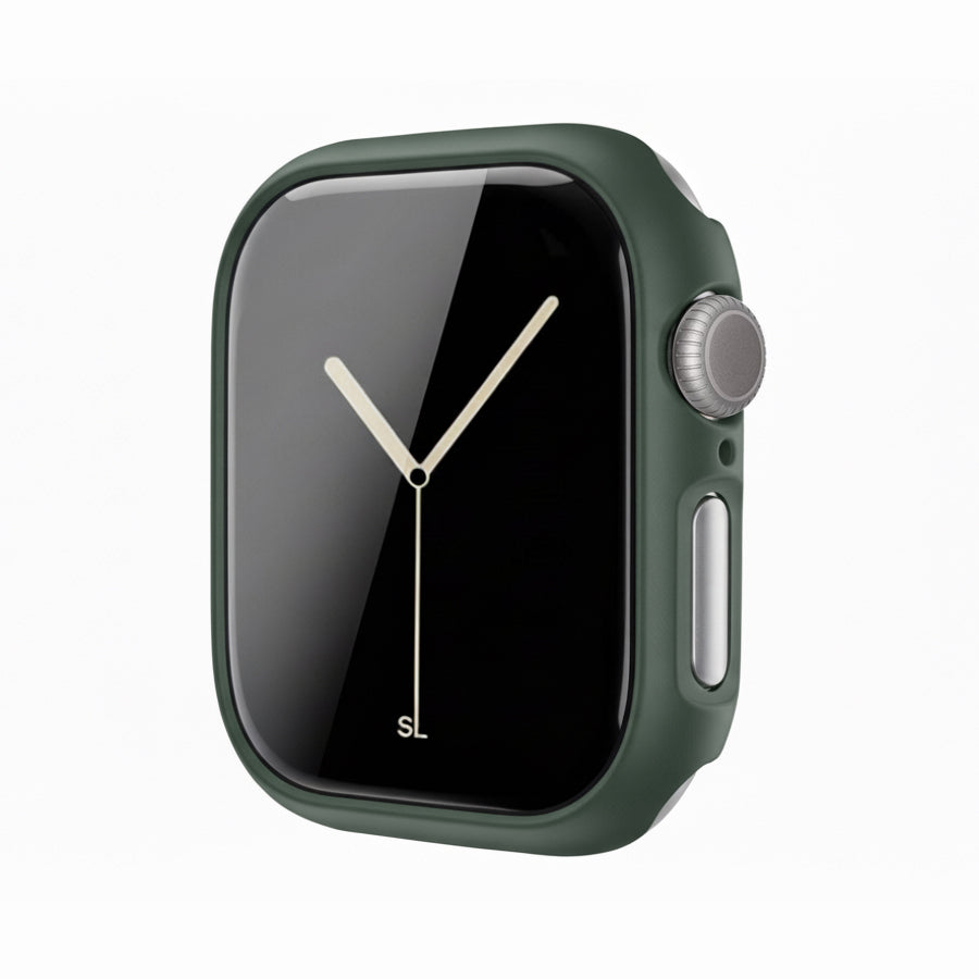 dark green Colour made from polycarbonate material protector with a strong built in tempered glass screen to protect your apple watch series 11 42mm and 46mm from damage displayed on a tilted angle