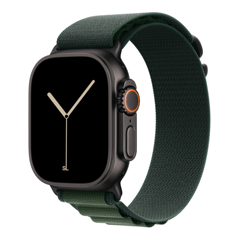 A dark green colour premium nylon watch strap band designed for adventurers and explorers that wear the Apple watch series 10 and Ultra 2