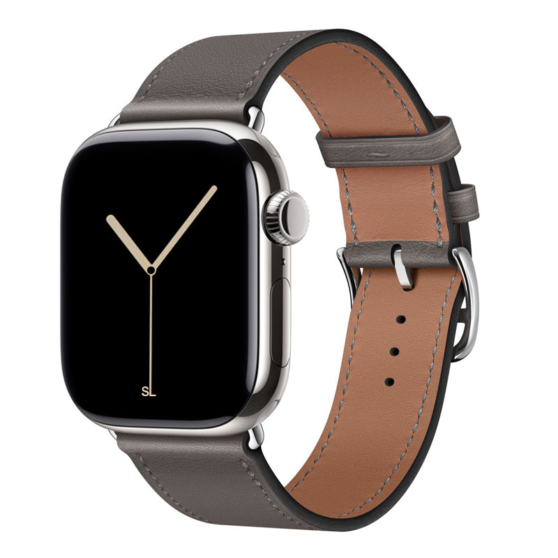 A handmade dark grey with dark grey stitching genuine leather single tour watch strap on an apple watch series 11 42mm and 45mm and 46mm.