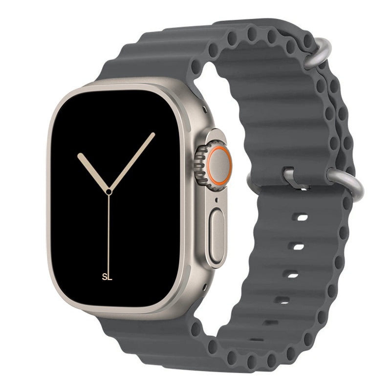 A dark grey colour watch strap band made from silicone  with two metal buckles on an Apple watch series 11 42mm/ 45mm/ 46mm and ultra 3 designed for the ocean and active sports