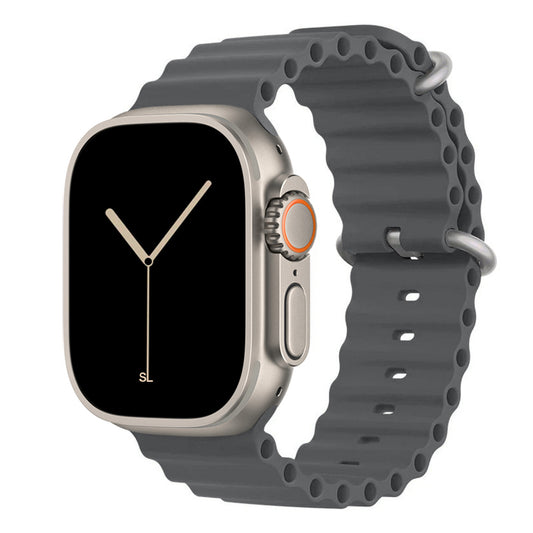 A dark grey colour watch strap band made from silicone  with two metal buckles on an Apple watch series 11 42mm/ 45mm/ 46mm and ultra 3 designed for the ocean and active sports
