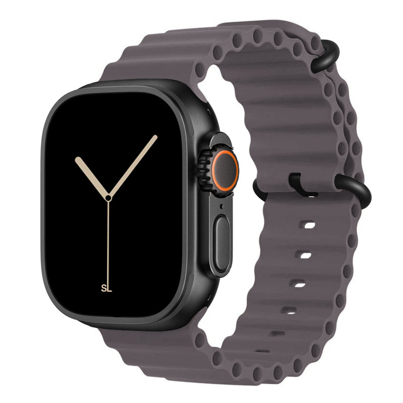 A dark grey colour watch strap band made from silicone  with two metal buckles on an Apple watch series 11 42mm/ 45mm/ 46mm and ultra 3 designed for the ocean and active sports