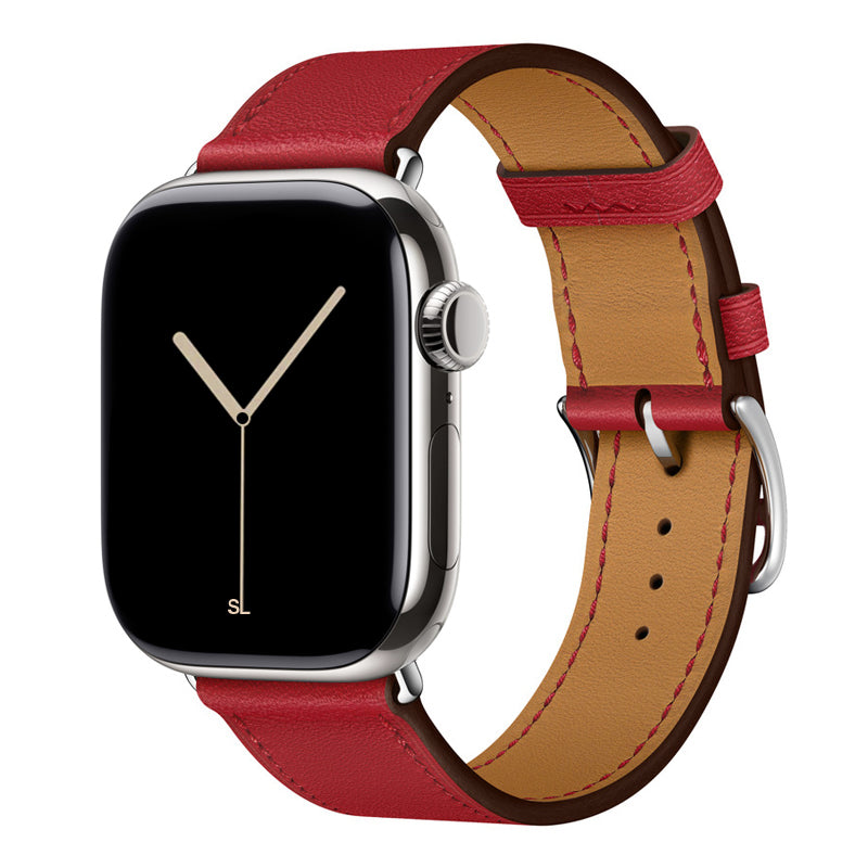 Red colour leather strap band for apple watch series 11 42mm and 46mm with a stainless steel pin and buckle