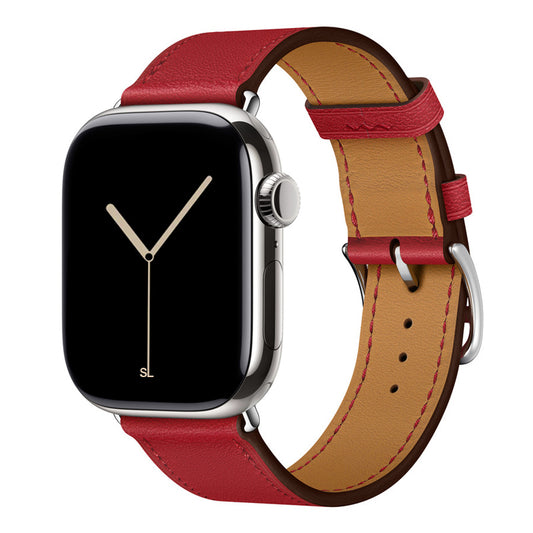 Red colour leather strap band for apple watch series 11 42mm and 46mm with a stainless steel pin and buckle