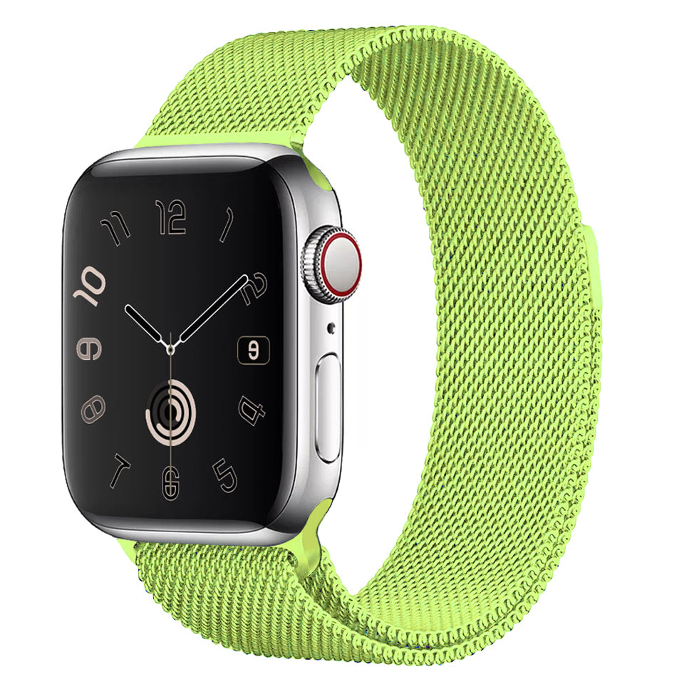 A Fluorescent green matte colour stainless steel Milanese loop watch strap for the latest apple watch series 41mm and 45mm