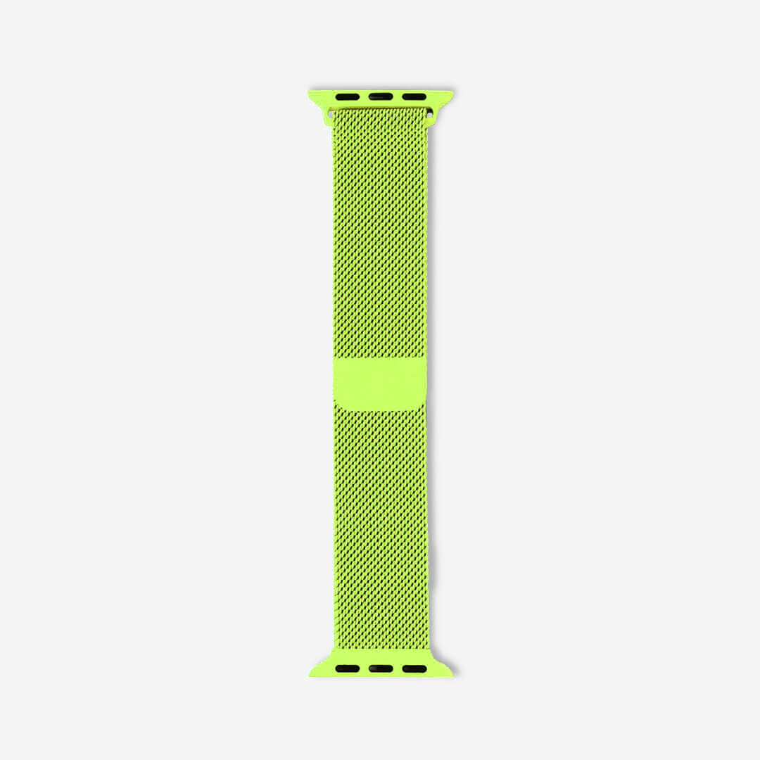 A Fluorescent green matte colour stainless steel Milanese loop watch strap for the latest apple watch series 41mm and 45mm