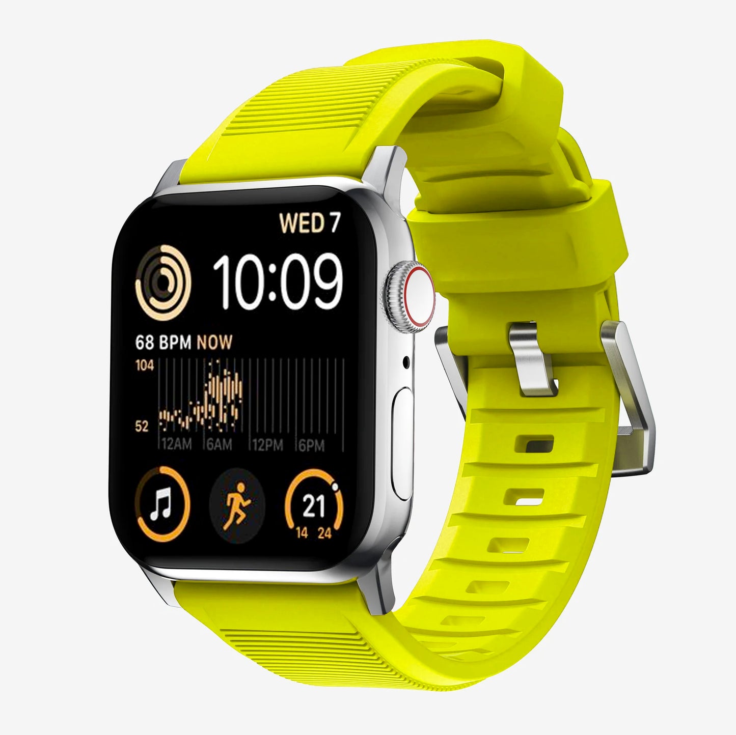 New volt yellow silicon with metal connectors, pin and buckle watch strap with compression grooves designed for apple watch series 9 45mm and ultra 2 side angle