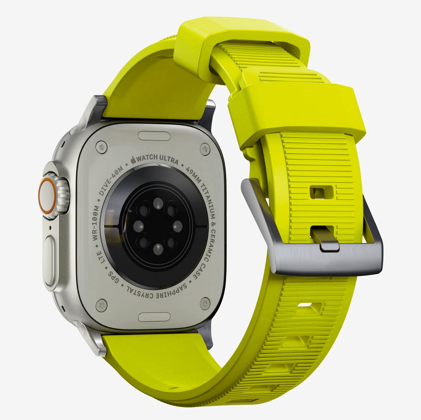New volt yellow silicon with metal connectors, pin and buckle watch strap with compression grooves designed for apple watch series 9 45mm and ultra 2 side angle