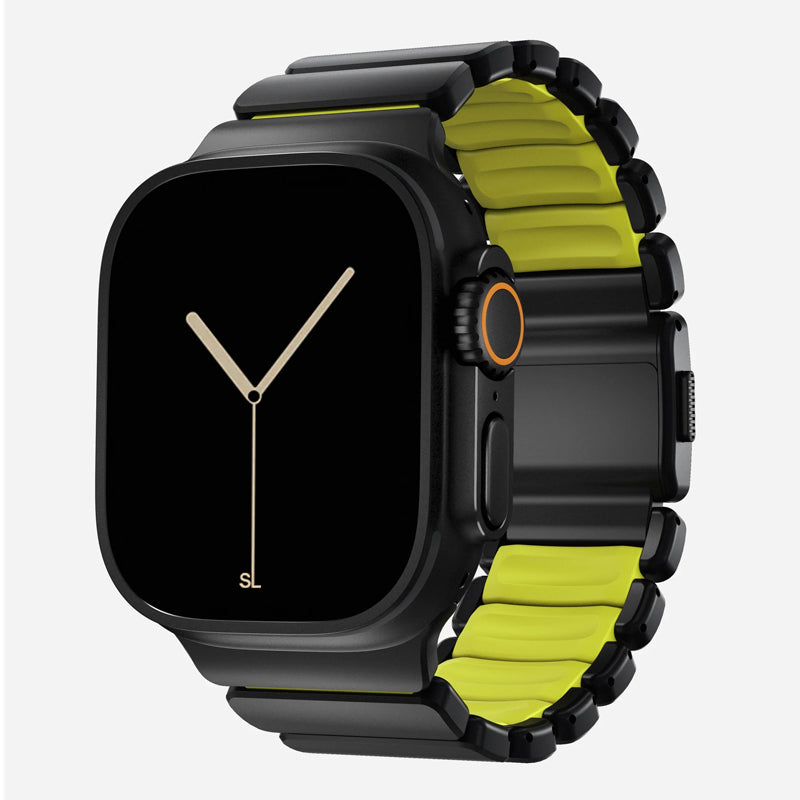A volt yellow green colour brushed titanium metal with silicone rubber hybrid strap on an Apple watch series 11 and ultra 3 42mm 45mm 46mm 49mm built with magnetic clasps