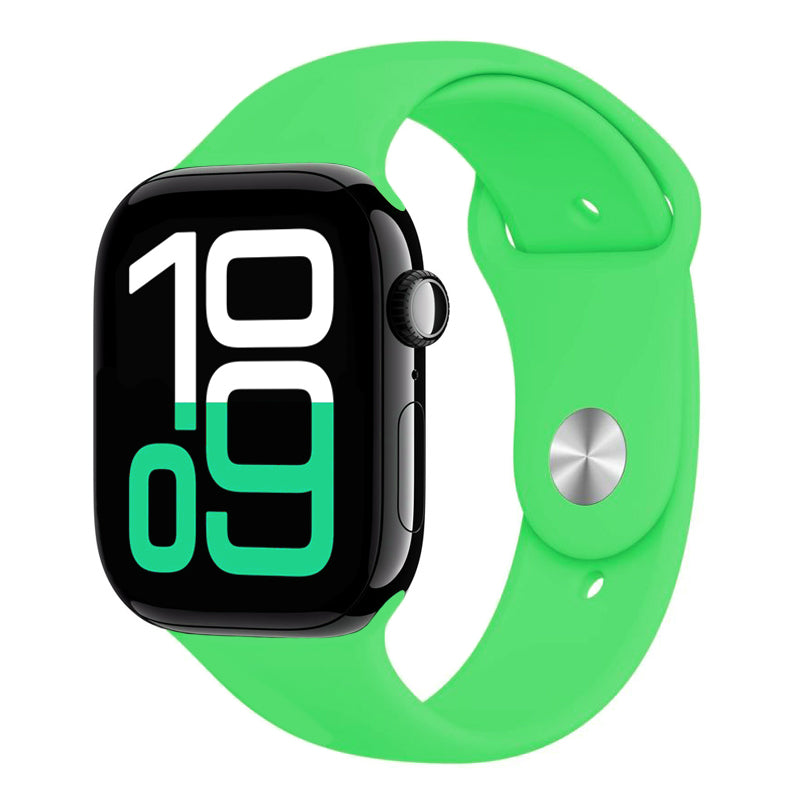 A bright radioactive electric green colour apple watch sport band made from premium silicon for series 10 42mm 45mm 46mm and ultra 2