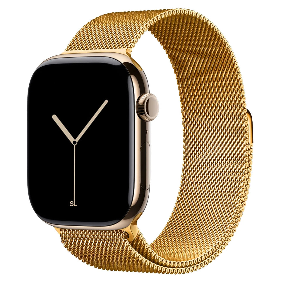 A gold colour stainless steel milanese watch strap for the latest apple watch series 11 46mm and 42mm and Ultra 3