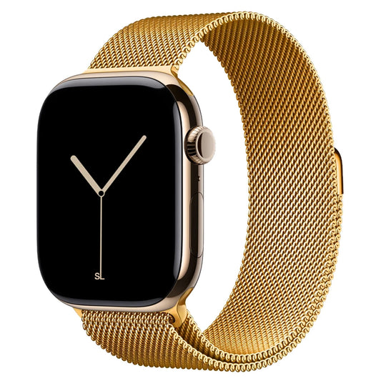 A gold colour stainless steel milanese watch strap for the latest apple watch series 11 46mm and 42mm and Ultra 3