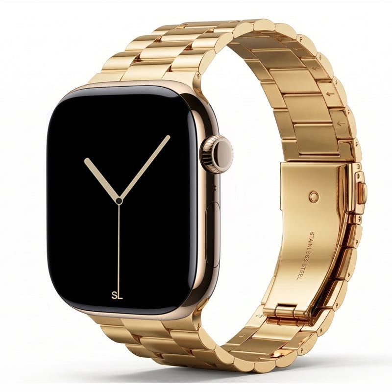 polished gold colour stainless steel metal tri link bracelet apple watch strap made for apple watch series 11 45mm 46mm 49mm Ultra 3