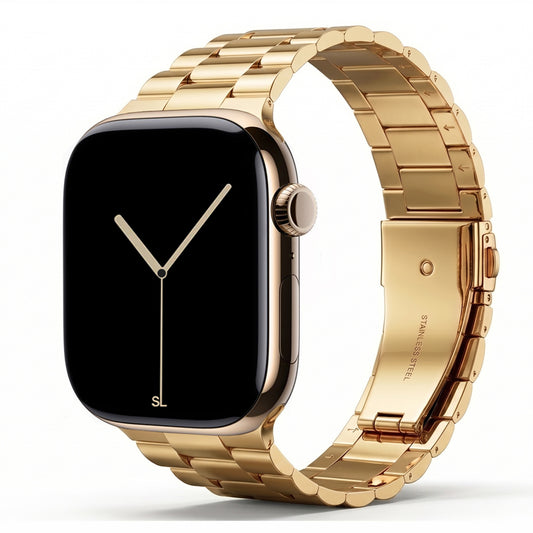 polished gold colour stainless steel metal tri link bracelet apple watch strap made for apple watch series 11 45mm 46mm 49mm Ultra 3