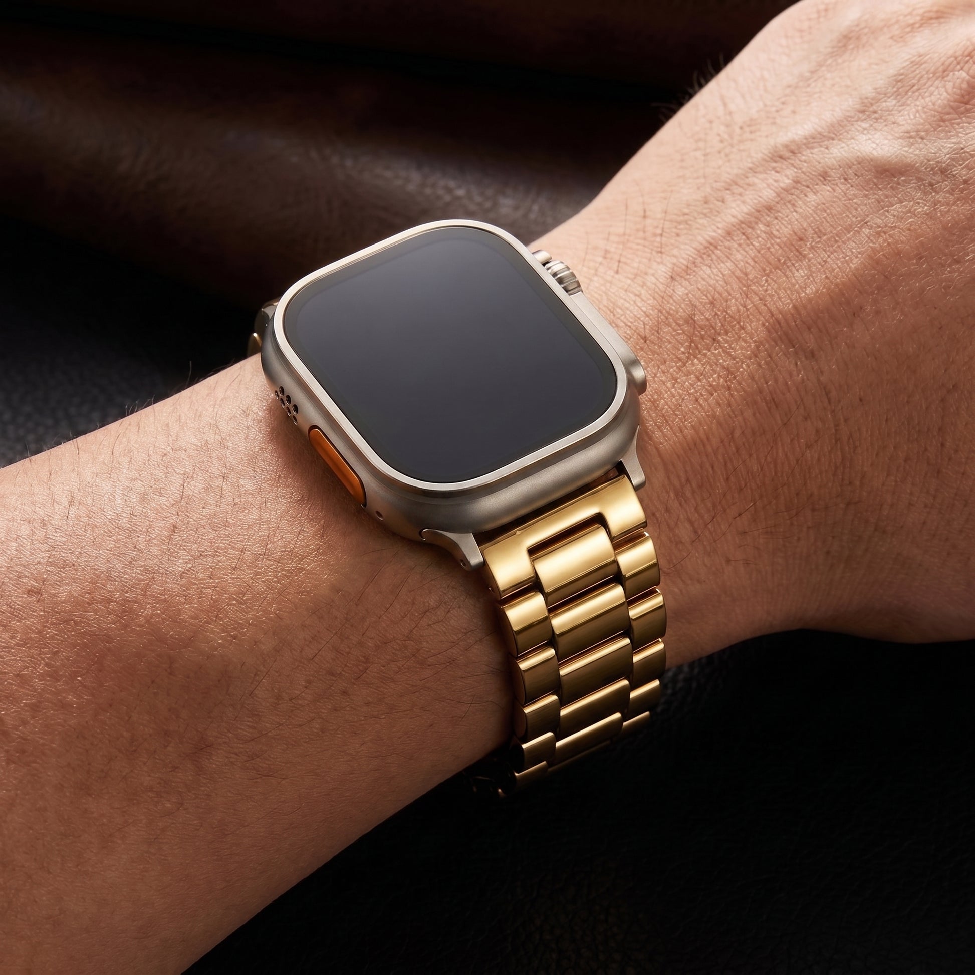polished gold colour stainless steel metal tri link bracelet apple watch strap made for apple watch series 11 45mm 46mm 49mm Ultra 3