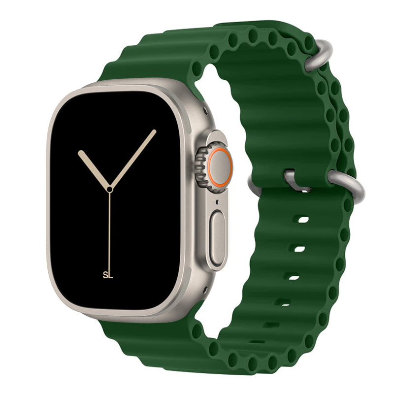 A green colour watch strap band made from silicone  with two metal buckles on an Apple watch series 10 42mm/ 45mm/ 46mm and ultra 2 designed for the ocean and active sports