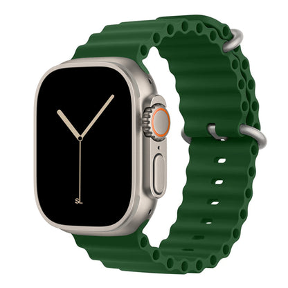 A green colour watch strap band made from silicone  with two metal buckles on an Apple watch series 11 42mm/ 45mm/ 46mm and ultra 3 designed for the ocean and active sports