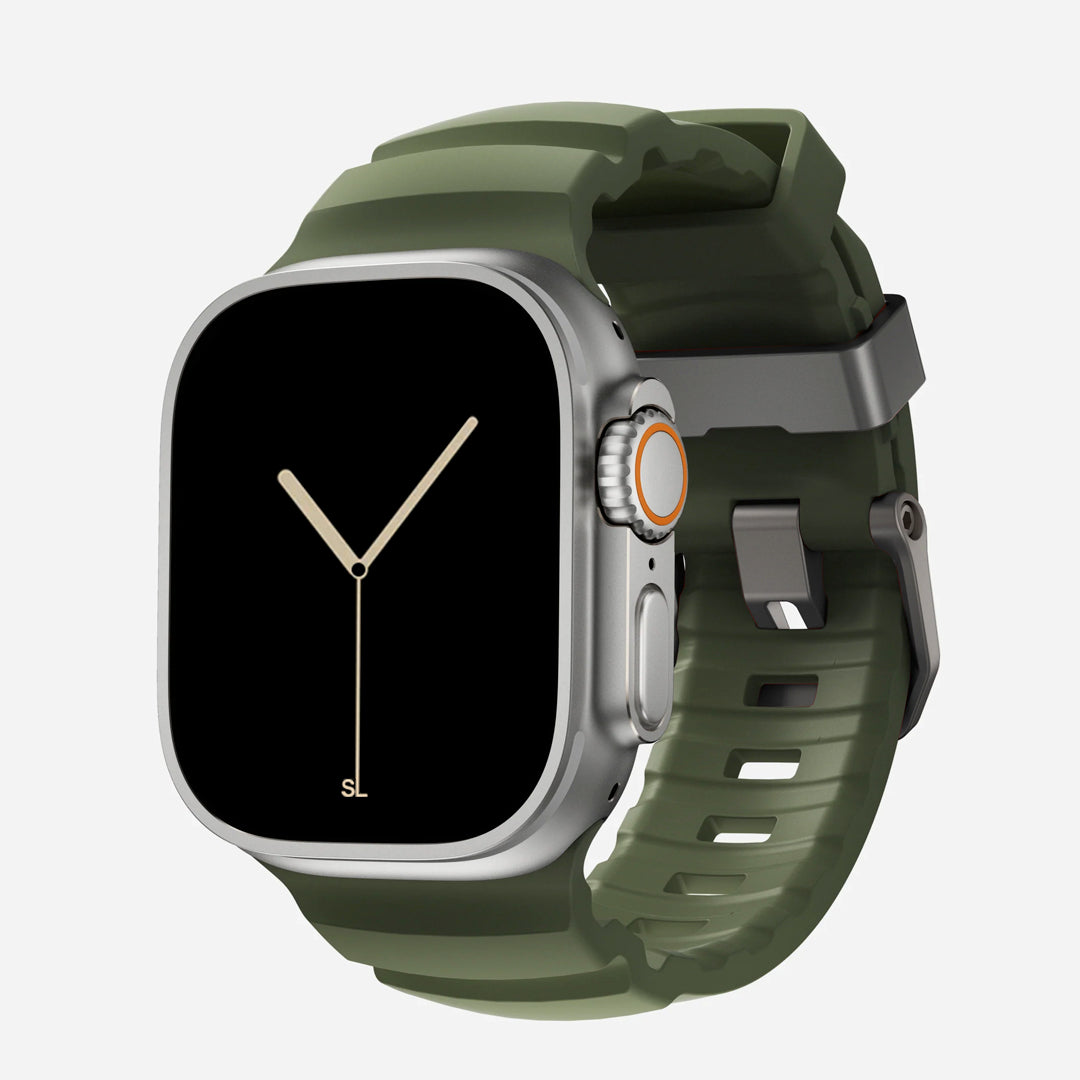 Green colour premium silicone extra thick watch strap band designed for adventurers and mountain hiking for Apple watch series 11 size 46mm and Ultra 3 49mm