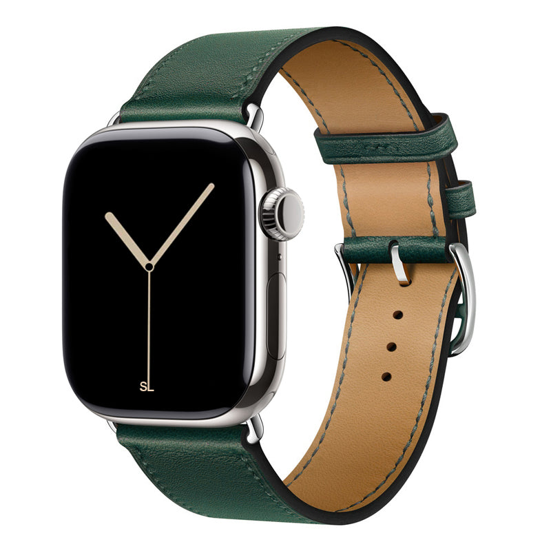 A handmade green with white stitching genuine leather single tour watch strap on an apple watch series 11 42mm and 45mm and 46mm.