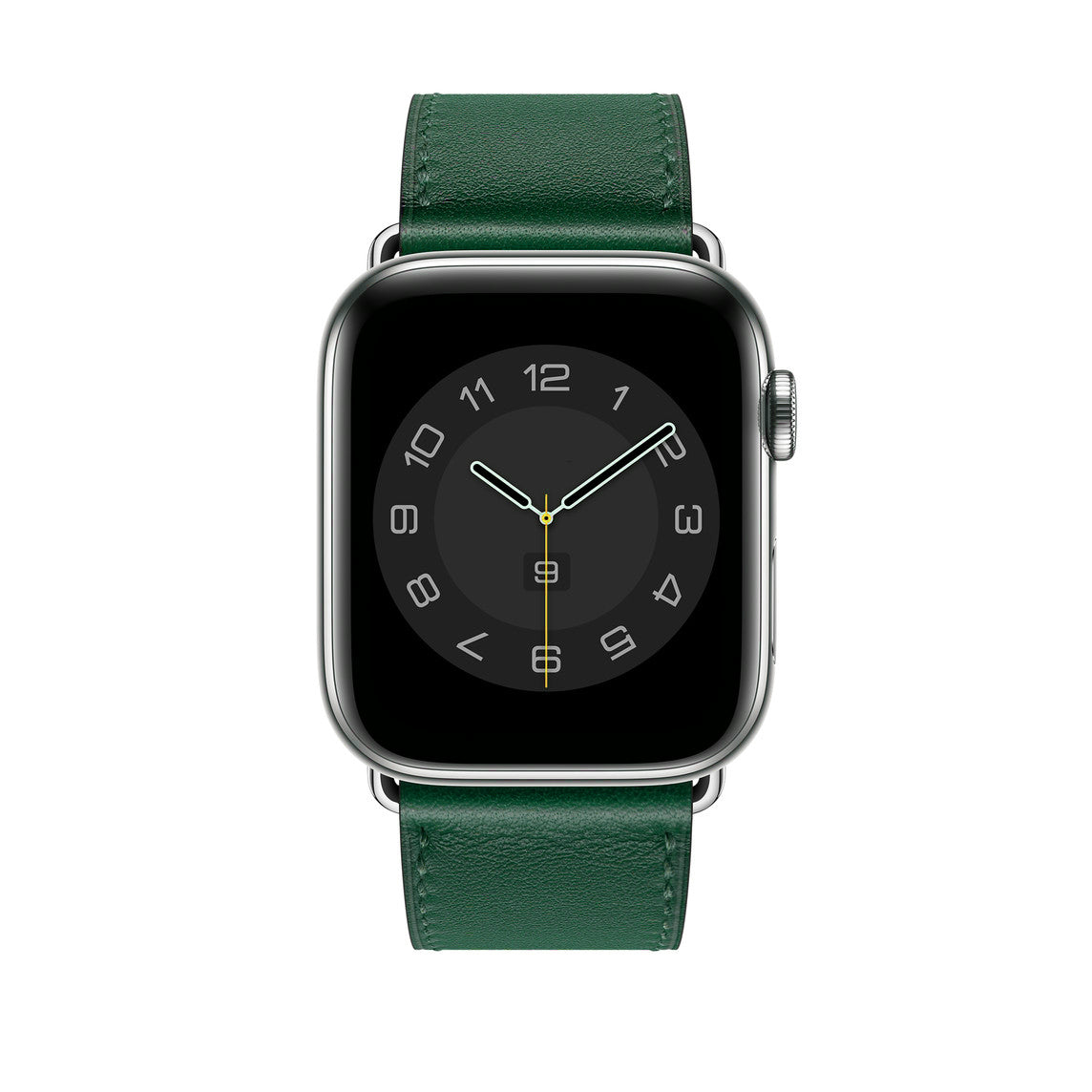 A handmade green with white stitching genuine leather single tour watch strap on an apple watch series 11 42mm and 45mm and 46mm.