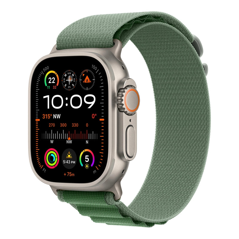 A green colour premium nylon watch strap band designed for adventurers and explorers that wear the Apple watch series 10 and Ultra 2