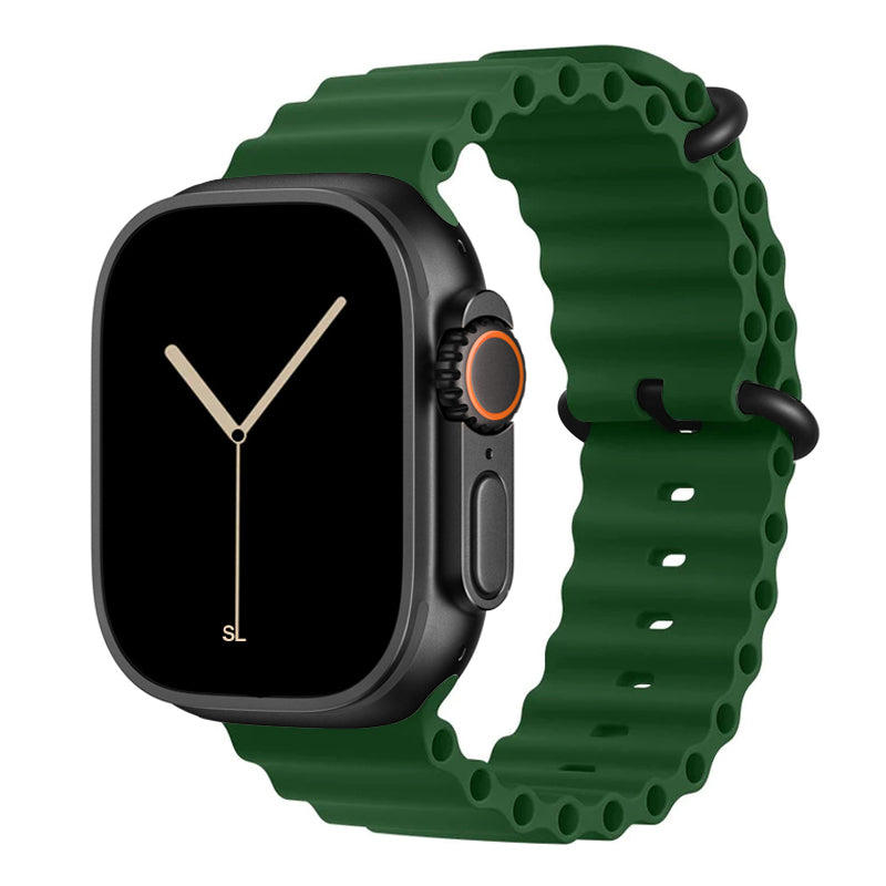 A green colour watch strap band made from silicone  with two metal buckles on an Apple watch series 11 42mm/ 45mm/ 46mm and ultra 3 designed for the ocean and active sports