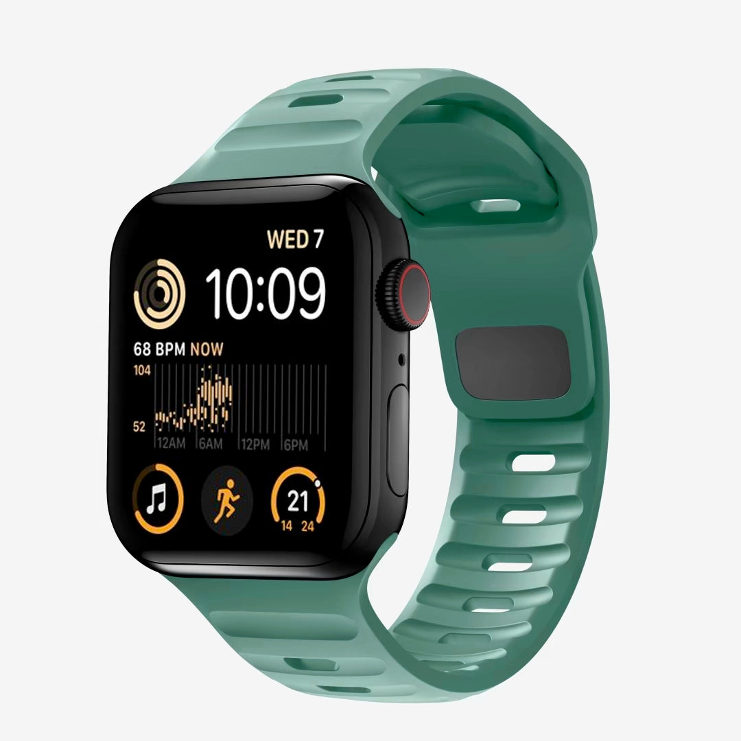 A green colour silicon watch strap for apple watch series 8 45mm designed for active sports and heavy duty activities