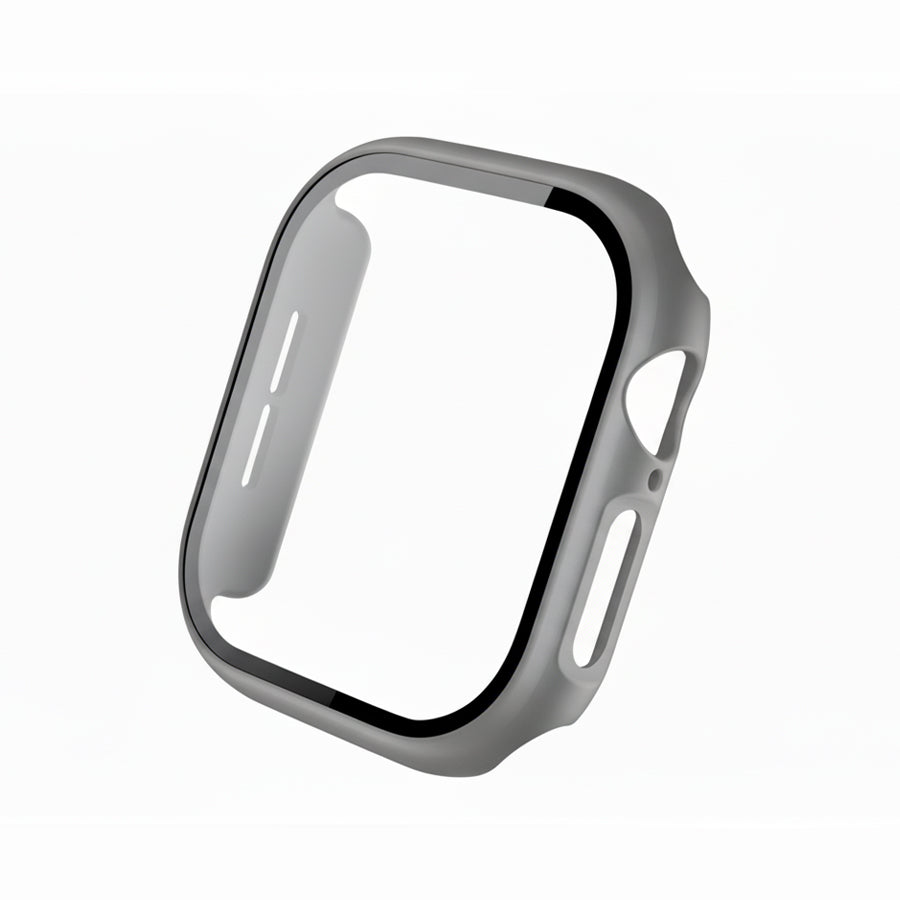 Grey Colour made from polycarbonate material protector with a strong built in tempered glass screen to protect your apple watch series 11 42mm and 46mm from damage displayed on a tilted angle
