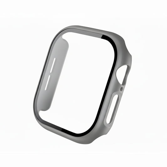 Grey Colour made from polycarbonate material protector with a strong built in tempered glass screen to protect your apple watch series 11 42mm and 46mm from damage displayed on a tilted angle