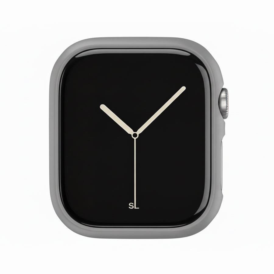 Grey Colour made from polycarbonate material protector with a strong built in tempered glass screen to protect your apple watch series 11 42mm and 46mm from damage displayed on a tilted angle