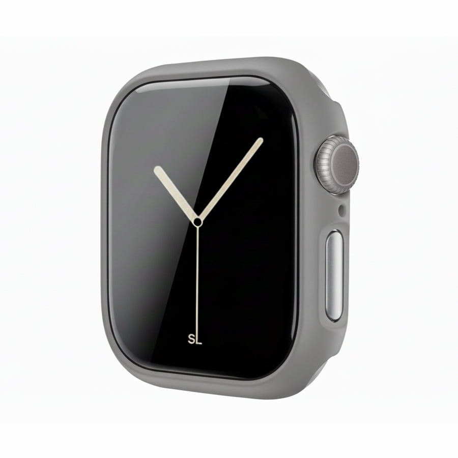 Grey Colour made from polycarbonate material protector with a strong built in tempered glass screen to protect your apple watch series 11 42mm and 46mm from damage displayed on a tilted angle