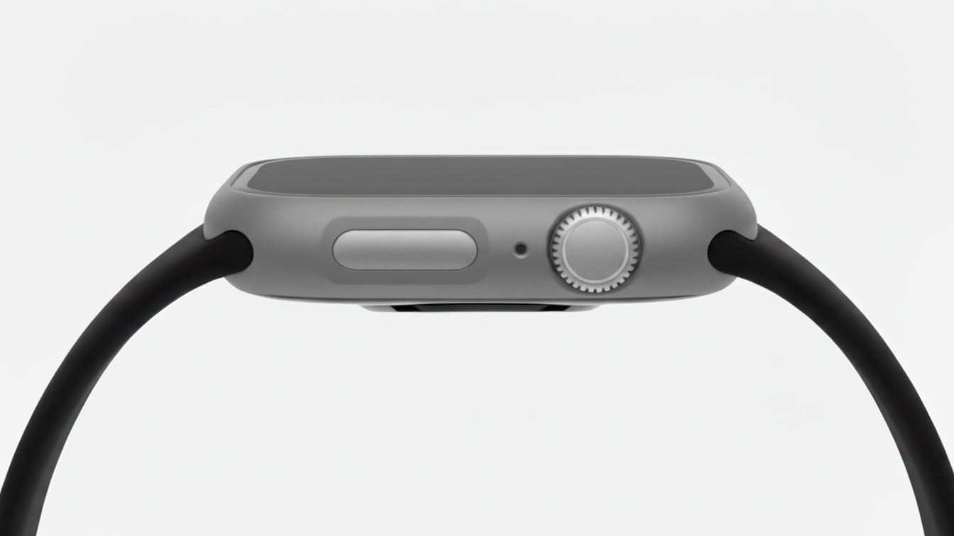 Grey Colour made from polycarbonate material protector with a strong built in tempered glass screen to protect your apple watch series 11 42mm and 46mm from damage displayed on a tilted angle