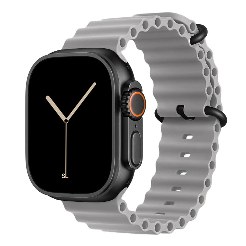 A grey colour watch strap band made from silicone  with two metal buckles on an Apple watch series 11 42mm/ 45mm/ 46mm and ultra 3 designed for the ocean and active sports