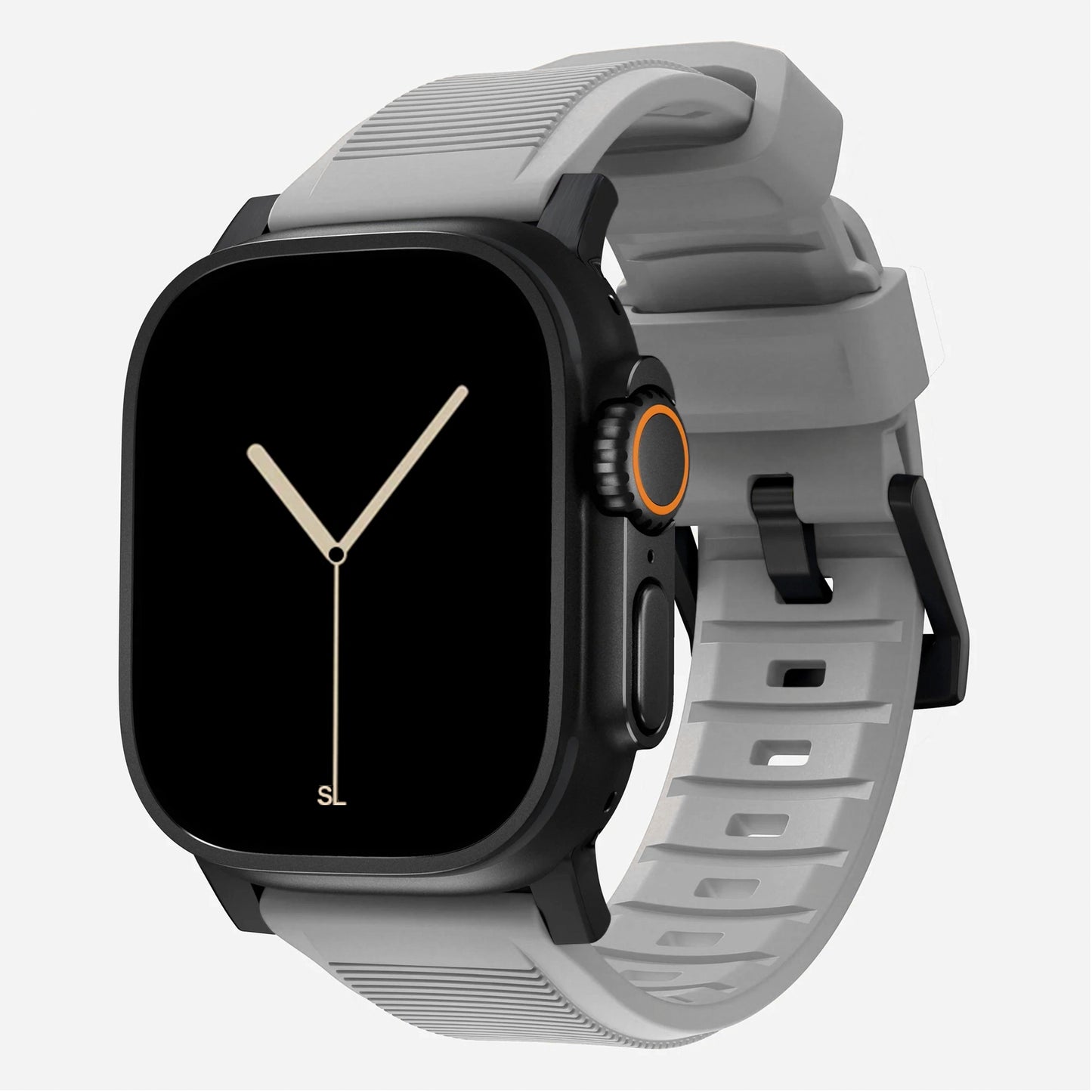 New grey silicone with metal connectors, pin and buckle watch strap with compression grooves designed for apple watch series 11 45mm 46mm and ultra 3 front side angle