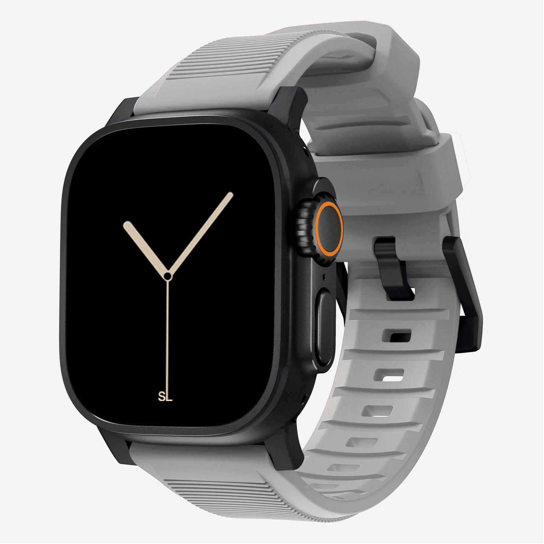 New grey silicone with metal connectors, pin and buckle watch strap with compression grooves designed for apple watch series 11 45mm 46mm and ultra 3 front side angle