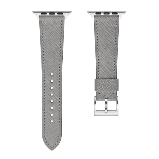 A set of grey coloured french Saffiano leather pattern handcrafted for apple watch series 11 45mm and 46mm  made for people to wear to work or to fancy event