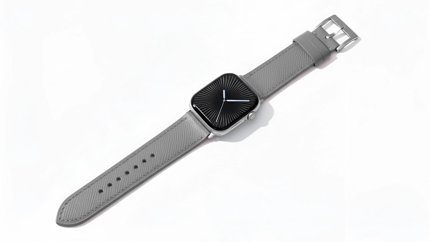 A set of grey coloured french Saffiano leather pattern handcrafted for apple watch series 11 42mm 45mm and 46mm  made for people to wear to work or to fancy event