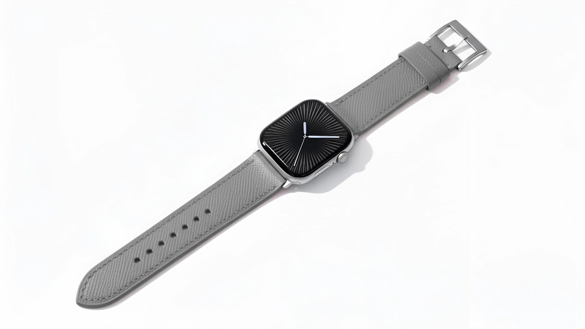 A set of grey coloured french Saffiano leather pattern handcrafted for apple watch series 11 42mm 45mm and 46mm  made for people to wear to work or to fancy event