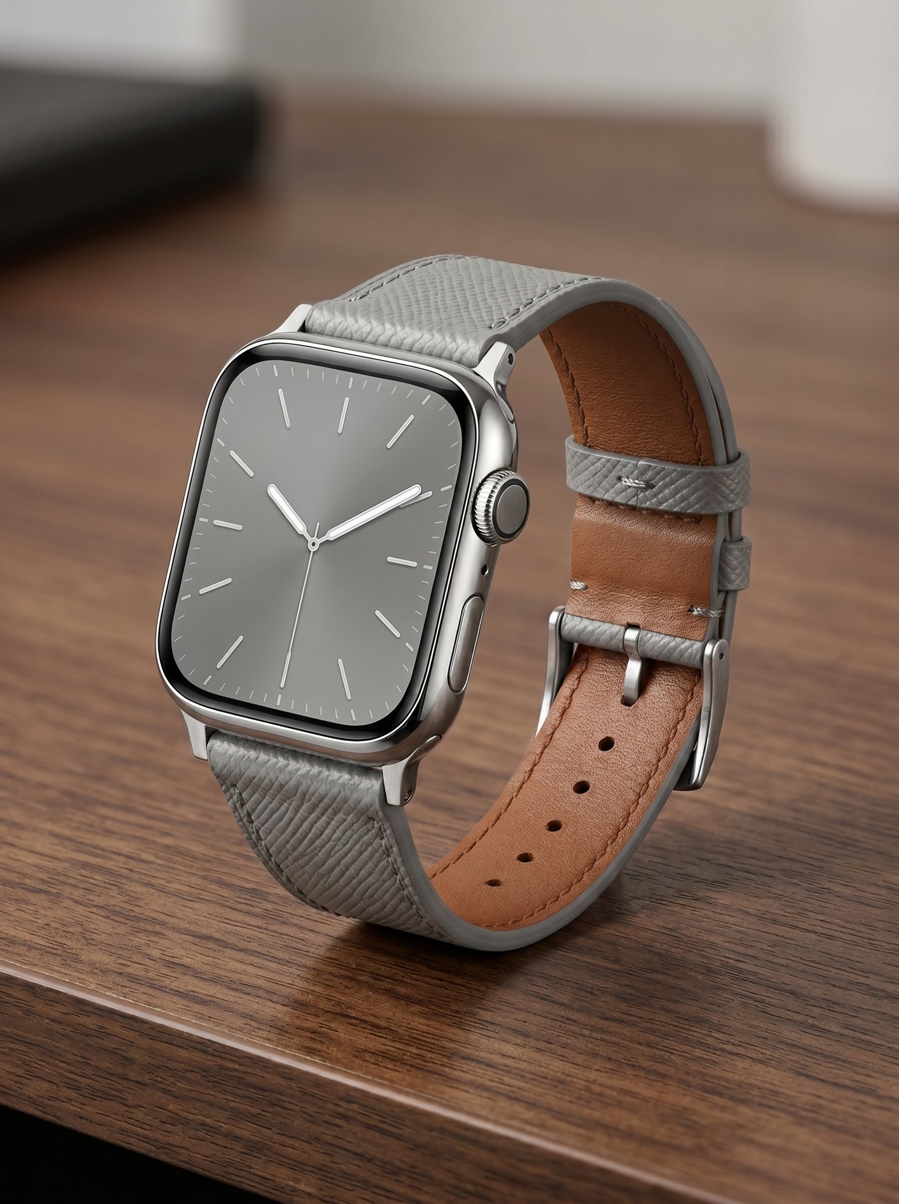 A set of grey coloured french Saffiano leather pattern handcrafted for apple watch series 11 42mm 45mm and 46mm  made for people to wear to work or to fancy event