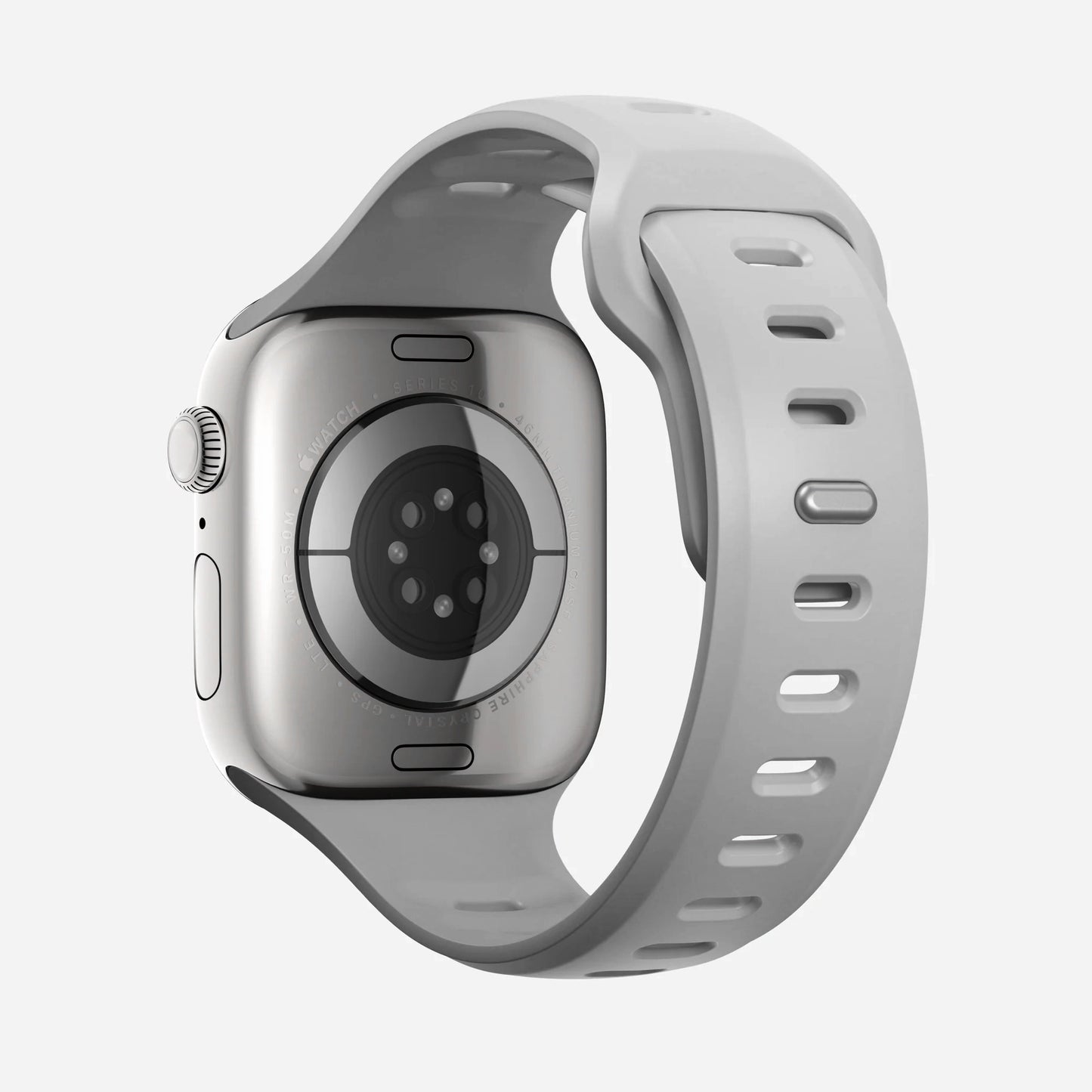 A grey colour premium silicone watch strap developed for apple watch series 11 size 42mm 46mm and apple watch ultra 3, designed for active sports activities with interior groves for breathability